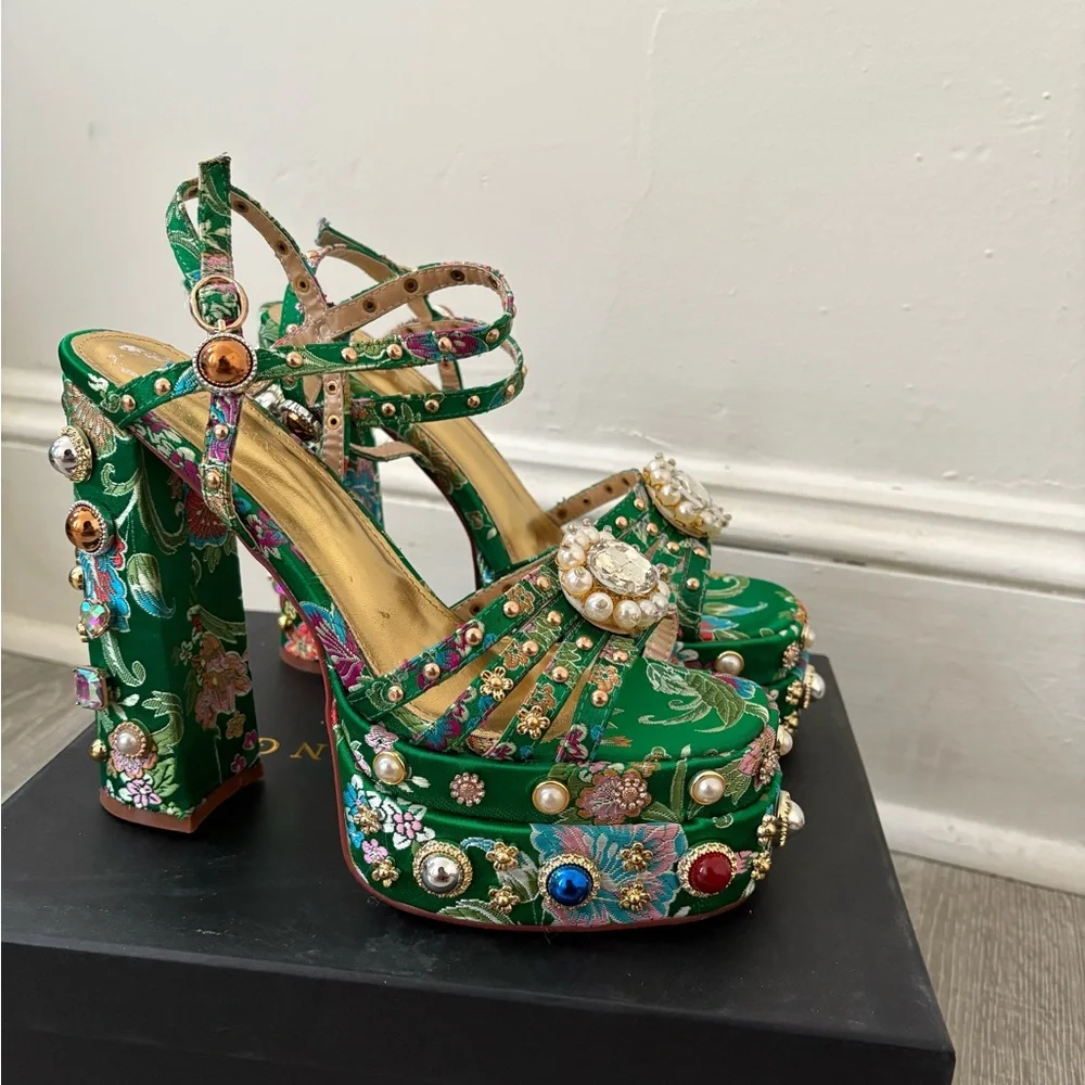 Floral Embellished Green Heels - Picture 7 of 11